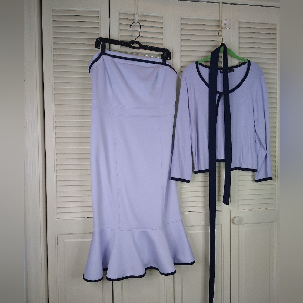 Strapless Lavender Dress with Blue Trim & Matching Cardigan